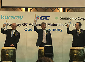Opening Ceremony (from left: Supattanapong Punmeechaow (President & CEO, GC); Masaaki Ito (President, Kuraray); Masahiro Fujita (Representative Director, Executive Vice President, Sumitomo))